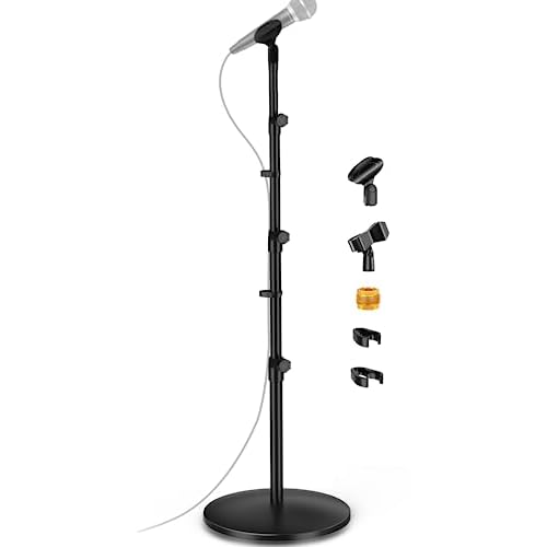 Round Base Microphone Stand, Bietrun Heavy Duty Adjustable Metal Mic Floor Stand for SingingChurchStage with 2 Universal Mic Clip, 38 to 58Adapter, for Shure SM7BSM58Samson Q2UPodmic&More