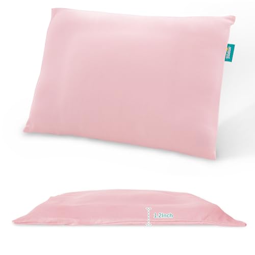 Thin Toddler Pillow with Pillowcase 13 x 18 X 1.2, Kid Pillows for Sleeping, Machine Washable Soft Travel Pillows, Toddler Use Only, Age 2 Pink