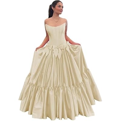 A-Line Strapless Satin Prom Dress with Bow Long Ruffles Ball Gown Beaded Formal Evening Party Gowns
