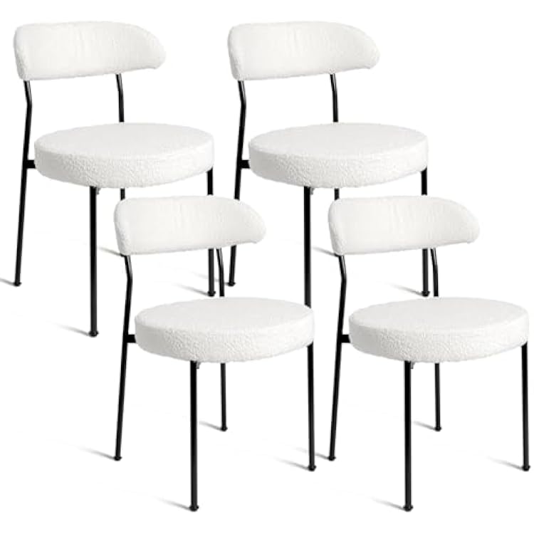 CangLong White Boucle Dining Chairs Set of 4, Modern Kitchen Chairs Curved Backrest Chairs with Round Upholstered and Black Metal Legs, White 1