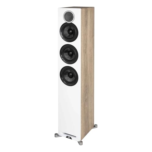 ELAC Debut Reference Floor Standing Speaker, Walnut or Oak Single Tower Speaker for Home Theater, White Baffle with Oak Sides