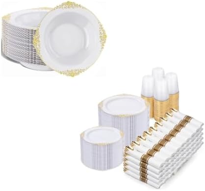 Nervure 750PCS Gold & White Plastic Dinnerware Bundle - 700PCS Disposable Plates, Goldware, Cups & Napkins Set for 100 Guests with 50PCS 12oz Soup Bowls - Ideal for Weddings, Parties & Gatherings