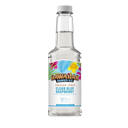 Hawaiian Shaved Ice Clear Blue Raspberry Syrup, Nut Soy Dairy & Dye Free, Flavor Fluffy & Crunchy Snow Cones, Shelf Stable, Makes 8 Servings, 16 ounces