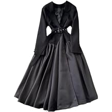 Korean Style Dress Women's Autumn Lapel Long Sleeves Belt Waist Pleated Elegant Dresses Female Black1 M