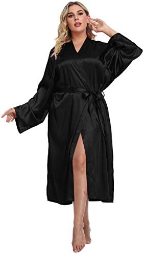 Womens Plus Size Satin Kimono Robes Long Silky Bathrobe Lightweight Sleepwear Wedding Dressing Gown