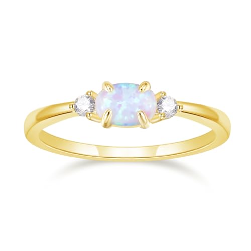 SHINYSO 14K Gold Plated Wedding Bands for Women Created Oval Opal Cubic Zirconia Ring Stackable CZ Eternity Engagement Rings for Women Size 4-10