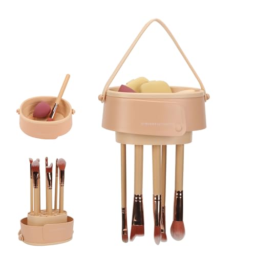 Makeup Brush Cleaner Mat,3 in 1 Upgraded Foldable Silicone Makeup Brush Cleaner Cosmetic Brush Cleaner Makeup Brush Scrubber Bowl for Cleaning, Organizer And Upside Down DryingFoldable Khaki
