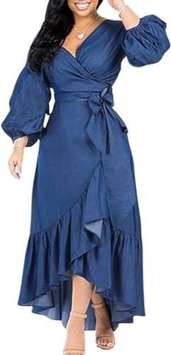 utcoco Womens Casual Belted Long Sleeve Denim Dress Wrapped V-Neck Ruffle Hem Maxi Denim Dresses for Women 2025