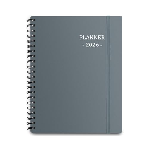 Tiankool Planner 2026, Jan 2026 - Dec 2026 Weekly Monthly Planner with 12 Monthly Tabs and Elastic Closure, Inner Pocket, Round Corner,5.8 x 8.25- Grey