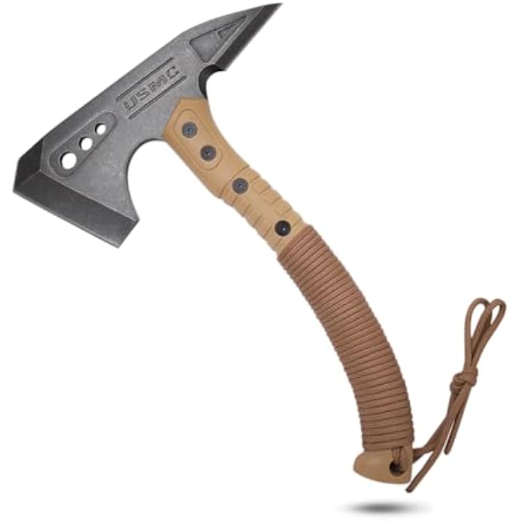 MTECH USA Tactical Tomahawk Licensed by USMC, 11 Inch Total Length, Black Oxidized Stainless Steel Blade, Cord Wrapped Nylon Handle, Hunting, Camping, Tan