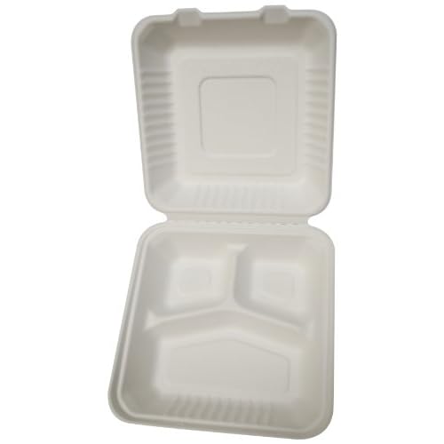PrimeWare HL-93 White Molded Fiber Hinged Lid Container, 9 Length x 9 Width x 3-316 Height, Large, 3-Section Case of 200