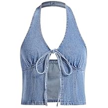 RoseSeek Women's Y2K Denim Halter Tops Sleeveless Bowknot Split Hem Tank Top Going Out Clothes