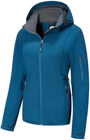 FARVALUE Womens Softshell Jacket Waterproof Lightweight Warm Windbreaker with Removable Hood Fleece Lined for Outdoor Hiking