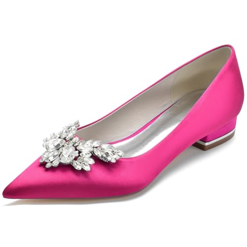 Womens Pointed Toe Block Heel Wedding Flats Crystal Rhinestone Buckle Satin Dress Shoes