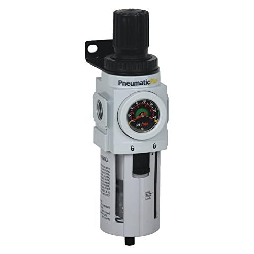 PneumaticPlus PPP4-N04BG Compressed Air Filter Regulator Piggyback Combo 12 NPT, 5 Micron, Poly Bowl, Manual Drain, Bracket, Embedded Gauge
