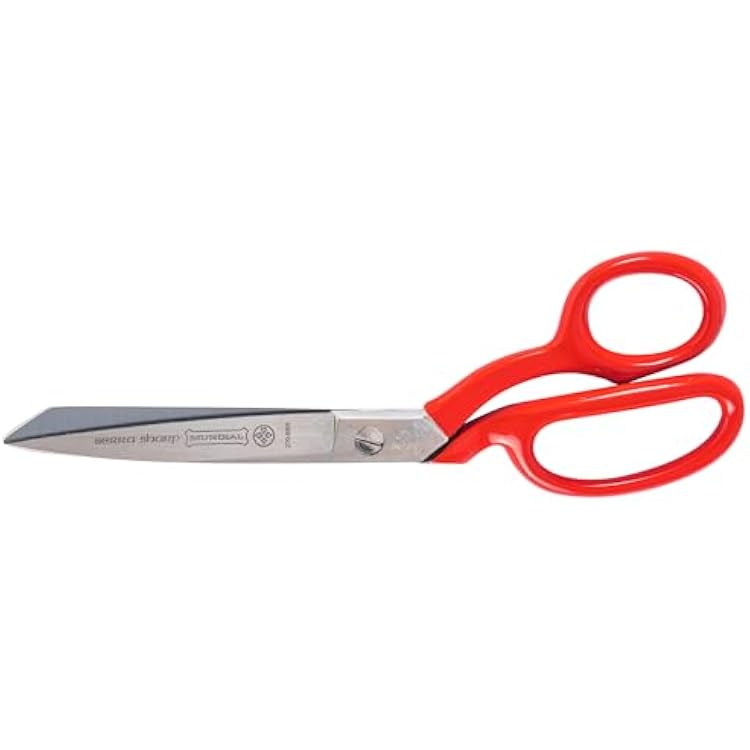 Mundial 8-Inch Industrial Forged Bent Trimmer Dressmaker Scissors, Micro-Serrated Carbon Steel Blades, Nickel-Plated, Ergonomic Red Handles