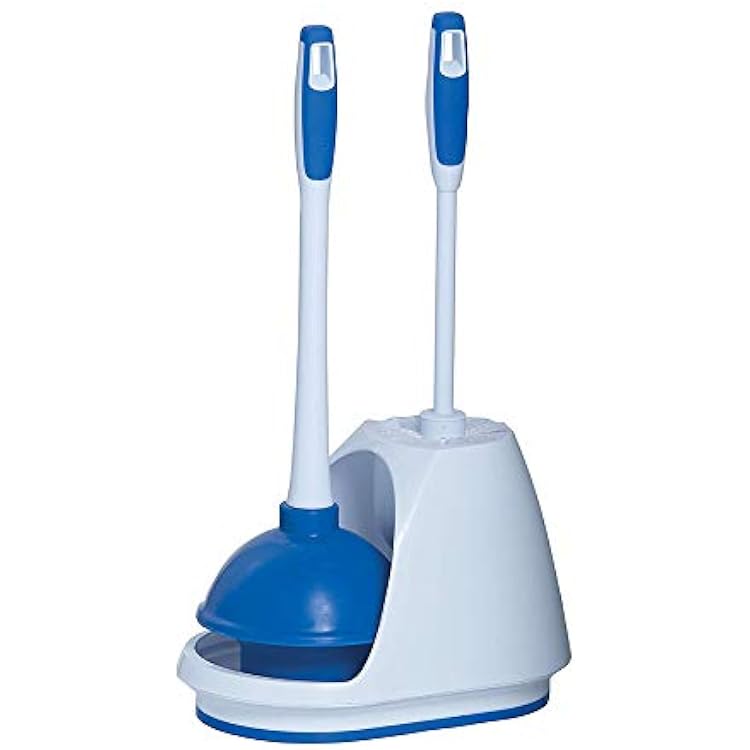 Mr. Clean Toilet Plunger and Bowl Brush Combo with Caddy, 3-Piece Heavy-Duty Plunger, Toilet Brush, and Caddy Set, WhiteBlue