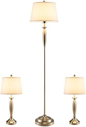 Tangkula 3-Piece Modern Lamp Set, 2 Table Lamps & 1 Floor Lamp with Weighted Base and Eye-Protecting Lamp Shade, Perfect for Bedroom & Living Room, 3 x E26 Bulbs Required Nickel