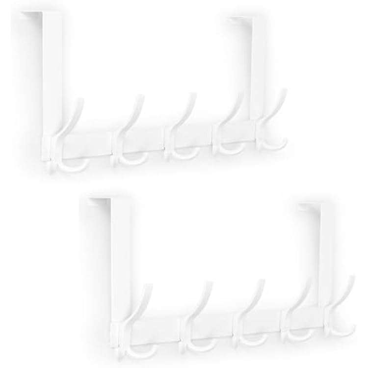Optish Over The Door Hooks for Hanging, Over The Door Hanger with 5 Triple Coat Hooks, Over The Door Towel Rack for Bathroom, Door Hanger Hooks for Coat, Bags and Hat White, 2 Pack