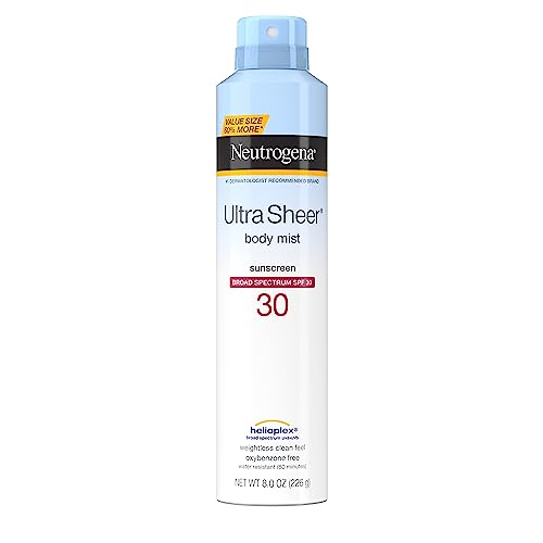 Neutrogena Ultra Sheer Body Mist Sunscreen Spray SPF 30 with Broad Spectrum Sun Protection, Lightweight, Water-Resistant, Oil-Free, Non-Comedogenic & Oxybenzone-Free, Value Size, 8 oz