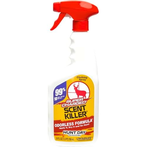 Wildlife Research Center Super Charged Scent Killer Spray Unscented Odor Eliminator for Hunting Works After Drying Odor Control for Clothes & Gear Scent-Free Hunting Spray for Deer 24 FL OZ