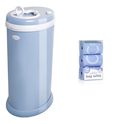 Ubbi Steel Odor Locking, No Special Bag Required, Money Saving, Modern Design, Registry Must-Have Diaper Pail, Cloudy Blue & On-The-Go Refill Bags, Lavender Scented, Value Pack of 36