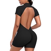 SEASUM Workout Jumpsuits for Women Zip Up Romper Open Back Bottom Short Sleeve Sexy Workout Bodysuit for Gym
