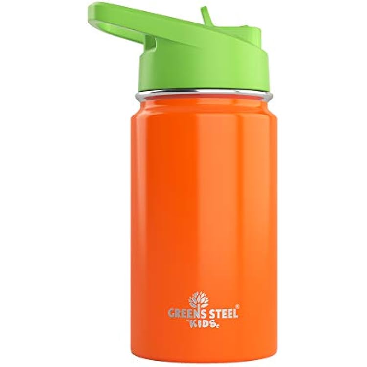Kids Water Bottle - 12oz Orange | Leak Proof With Straw & Handle | 24 Hours Cold | Insulated, Double Wall Stainless Steel | Easy Sip Toddler Cup | Childs Flask | Eco Friendly