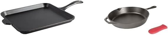 Lodge Cast Iron 11" Square Griddle and 12" Skillet Bundle