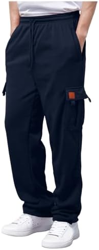 Mens Heavyweight Fleece Cargo Sweatpants Stretch Elastic Waist Trousers Drawstring Loose Fit Joggers with Pockets