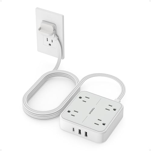 Surge Protector Power Strip, TESSAN Ring Pull Flat Plug Extension Cord 10 Ft with 3 USB 1 USB C 4 Outlets, 900 Joules Protection, Desktop Charging Station for Home, Office, College, Dorm Room, Gray
