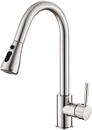 Brushed Nickel Single Handle High Arc Pull Out Kitchen Tap with Pull Down Sprayer, Stainless Steel Faucet with UK Standard Fittings