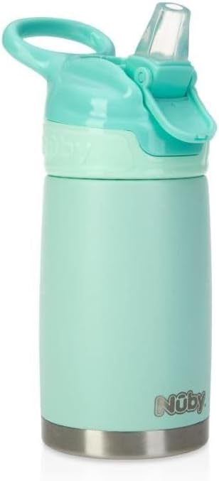 Nuby Thirsty Kids No Spill Flip-It Reflex Stainless Steel Travel Cup or Water Bottle - 10 Oz - 18+ Months - Aqua Mint - Back to School Essentials | Stainless Steel - Aqua