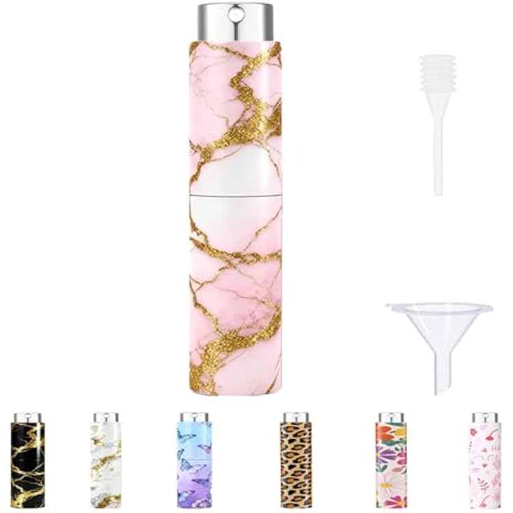 5ml Perfume Atomiser Refillable Bottles Portable Mini Spray Travel Bottle Easy to Refill Empty Atomizer Bottle for Purse Handbag Pocket Luggage,Bright Color Pink gold marble 1