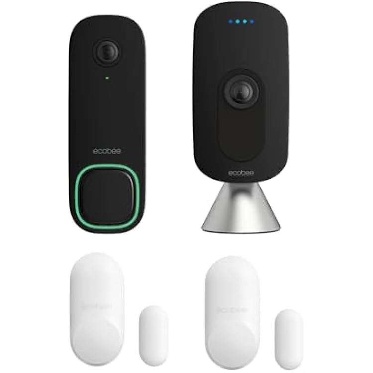 ecobee Home Security Bundle with Smart Doorbell Camera Wired, SmartSensor for Doors and Windows, and SmartCamera with Voice Control.