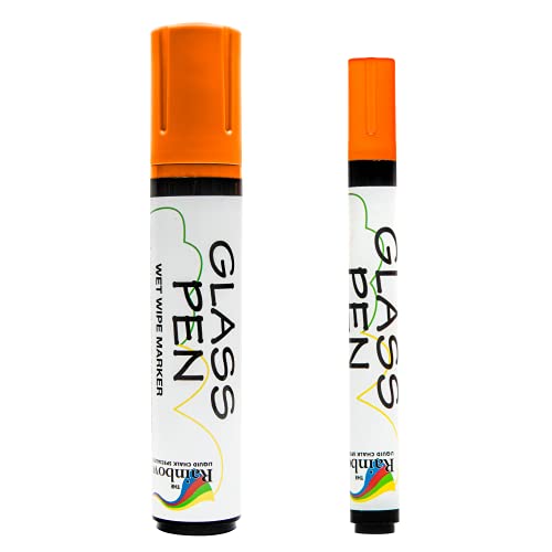 Glass Pen Liquid Paint Marker: Glass Writing Pens and Painting Markers with Washable, Erasable Ink - Windows, Mirrors, Signs, Crafts - 2 Pack, 5mm Narrow and 15mm Wide Tip Pen - Orange