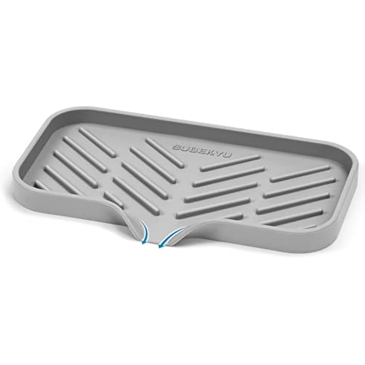 SUBEKYU Silicone Kitchen Soap Tray, Sink Tray for Kitchen CounterSoap Bottles, Sponge Holder and Organizer with Drain Spout, Grey, [Size: 9.5 x 5 inch]