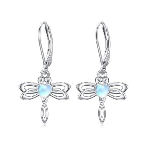 MEDWISE Dragonfly Leverback Earrings 925 Sterling Silver Celtic Moonstone Dangle Drop Earrings Dragonfly Huggie Earrings Dragonfly Moonstone Jewelry Gifts for Women
