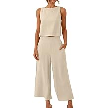 Women Cotton Linen 2 Piece Outfit Set Summer Sleeveless Crop Tank Tops and Wide Leg Pants Lounge Set with Pockets