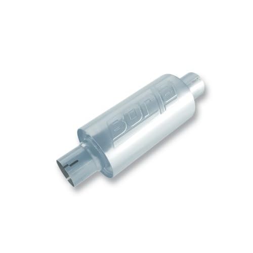 BORLA 40842S Specialty Universal Performance Muffler 2.5 Center Inlet  2.5 Center Outlet 5 Round x 10 Long Body 15 Overall Length Un-Notched Necks Reversible Design T-304 Stainless Steel