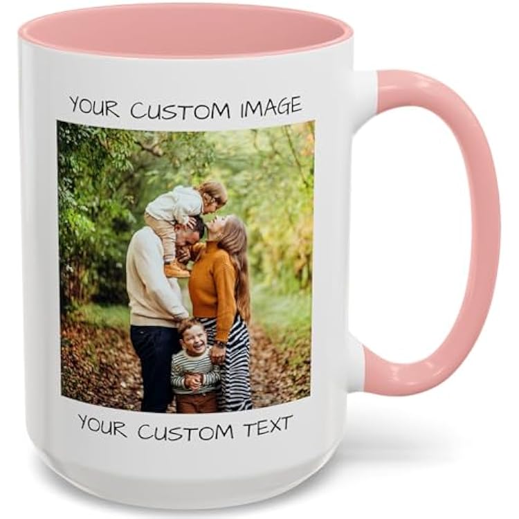 Personalized Coffee Mug Custom Photo, Text, or Logo Ceramic Mug Tea Cup | Taza Personalizada with Picture or Message | Customized Gift Idea for Men & Women, Mom, Dad, Friends - WhitePink | 15oz