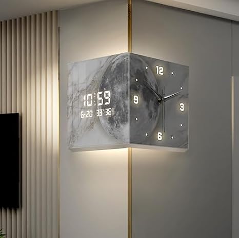 Double Sided Corner Wall Clock, LED Decorative with Remote Control, Ideal for Living Room and Office