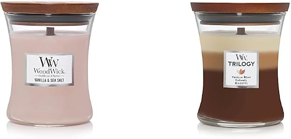 WoodWick Vanilla & Sea Salt Medium Hourglass Candle, 9.7 oz & Cafe Sweets Medium Hourglass Trilogy Candle, 9.7 oz.