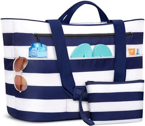 BKNOOU Extra Large Beach Bags Waterproof Sandproof XL Beach Tote Bag for Women Zipper Foldable Swim Pool Bag with Wet Pocket