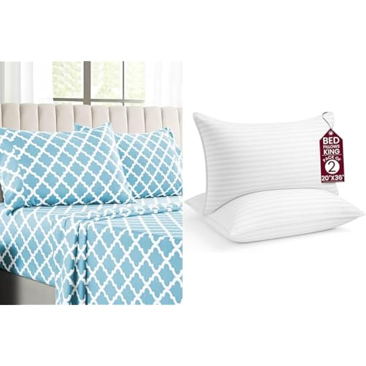 LUX Decor 4 Pcs King Quatrefoil Sheet Set  2 King Stripe Pillows Ultra-Soft Microfiber Bed Sheets with Flat Sheet, 16 Inch Deep Pocket Fitted Sheet & Pillowcases, Oeko-TEX Aqua Blue