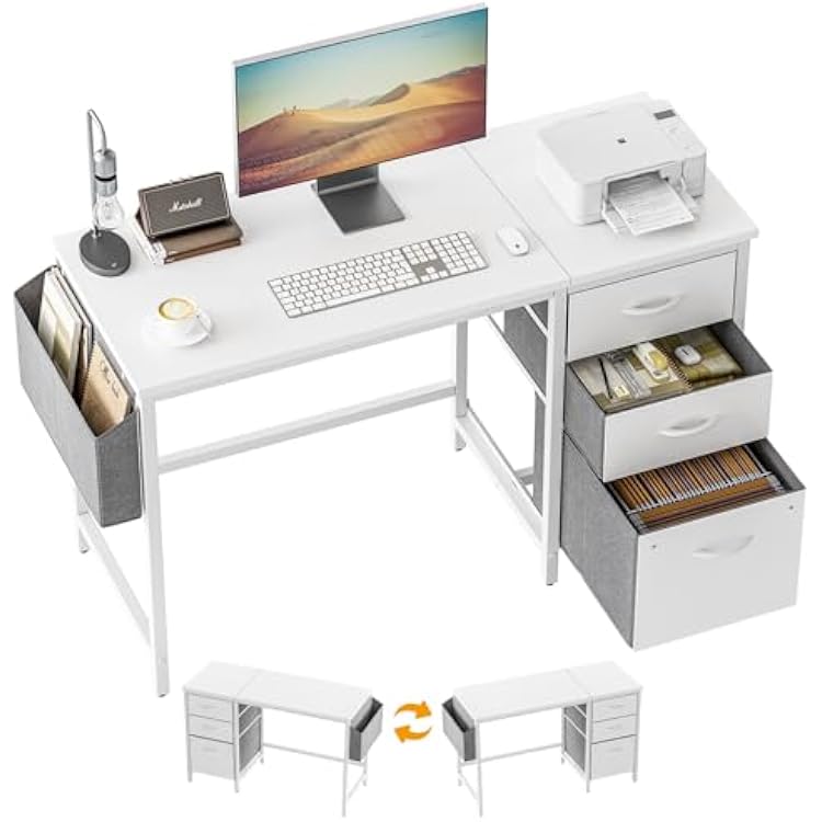 CubiCubi 47 Inch Computer Desk with Drawers and File Cabinet, Home Office Desks with Side Storage Bag, Workstation with Reversible Design, Writing Table with Modern Style, White