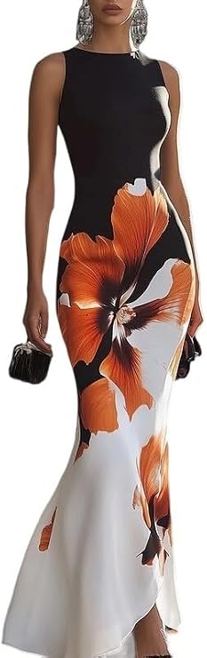 UOOZEE Women's Flower Print Skinny Sleeveless Round-Neck Maxi Dresses