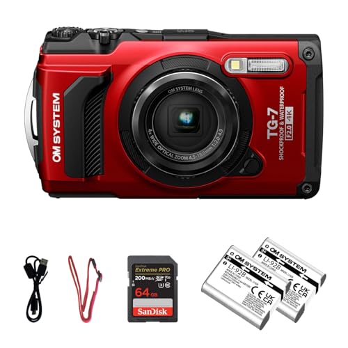 OM System Tough TG-7 Digital Camera - Red | Waterproof 12MP Outdoor Adventure Camera w 4K Video, Travel for Hiking, Snorkeling wExtra Rechargeable Li-ion Battery & 64GB Memory Card Bundle