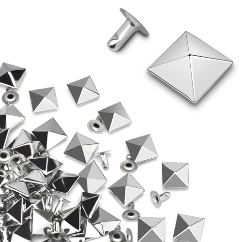 CooBigo 100 Sets 12mm Square Pyramid Rivet, Silver Metal Spike Studs for Punk Rock Clothing, Belt Bags, Bracelets, DIY Repair & Decoration Accessories