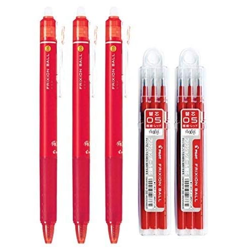 Pilot FriXion Ball Knock Retractable Erasable Gel Ink Pens, Extra Fine Point 0.5mm, Red Ink, 3 Pens & 6 Refills Value Set